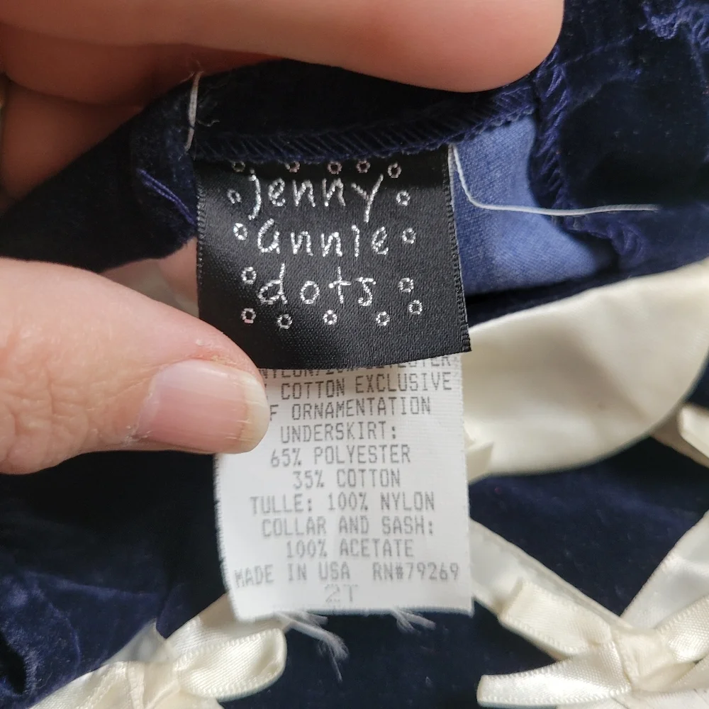 Vintage Jenny Annie Dots Navy Velvet Baby Dress with White Accents
